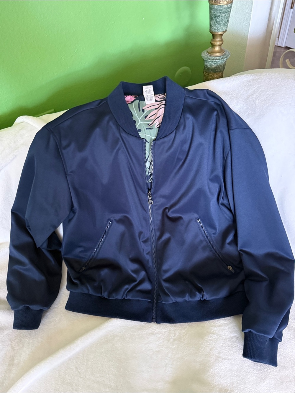 JoyLab Navy Satin Bomber Jacket with Floral Lining